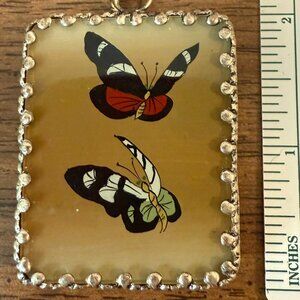 Two-sided INSIDE PAINTED PENDANT, butterflies 2" x 1.5" Silver Bezel